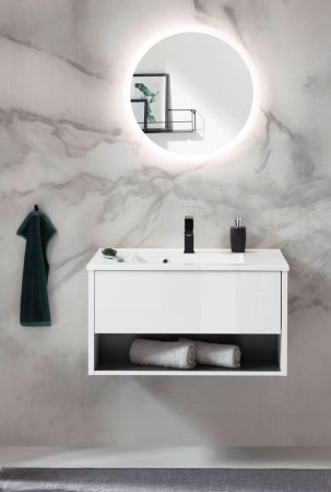 Badmbel Set Glide in wei Hochglanz und grau mit Waschbecken und LED Beleuchtung 80 x 190 cm
