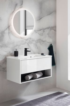 Badmbel Set Glide in wei Hochglanz und grau mit Waschbecken und LED Beleuchtung 80 x 190 cm