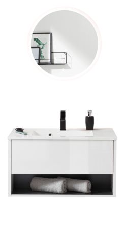 Badmbel Set Glide in wei Hochglanz und grau mit Waschbecken und LED Beleuchtung 80 x 190 cm