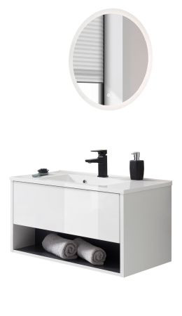 Badmbel Set Glide in wei Hochglanz und grau mit Waschbecken und LED Beleuchtung 80 x 190 cm