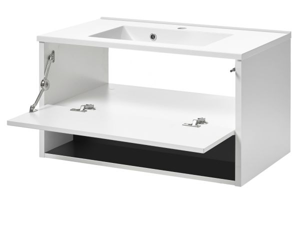 Badmbel Set Glide in wei Hochglanz und grau mit Waschbecken und LED Beleuchtung 80 x 190 cm