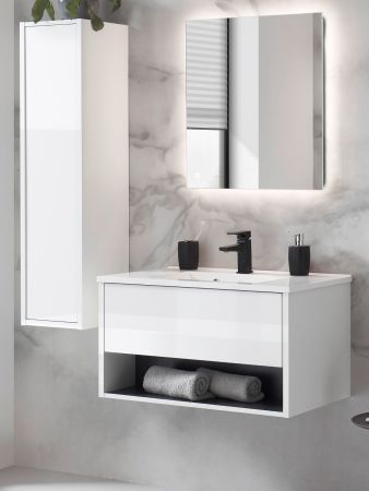 Badmbel Set Glide in wei Hochglanz und grau mit Waschbecken und LED Beleuchtung 120 x 190 cm