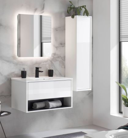 Badmbel Set Glide in wei Hochglanz und grau mit Waschbecken und LED Beleuchtung 120 x 190 cm