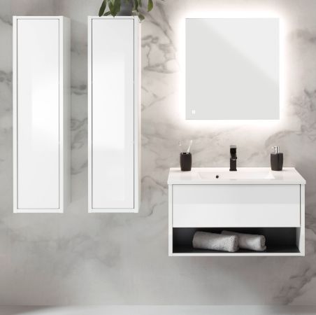 Badmbel Set Glide in wei Hochglanz und grau mit Waschbecken und LED Beleuchtung 160 x 190 cm