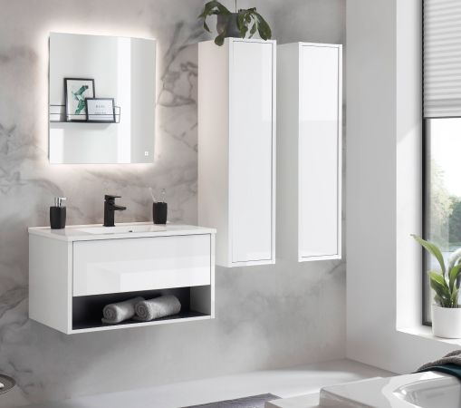 Badmbel Set Glide in wei Hochglanz und grau mit Waschbecken und LED Beleuchtung 160 x 190 cm