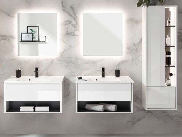 Badmbel Set Glide in wei Hochglanz und grau mit Waschbecken und LED Beleuchtung 225 x 190 cm