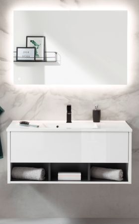 Badmbel Set Glide in wei Hochglanz und grau mit Waschbecken und LED Beleuchtung 100 x 190 cm