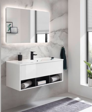Badmbel Set Glide in wei Hochglanz und grau mit Waschbecken und LED Beleuchtung 100 x 190 cm