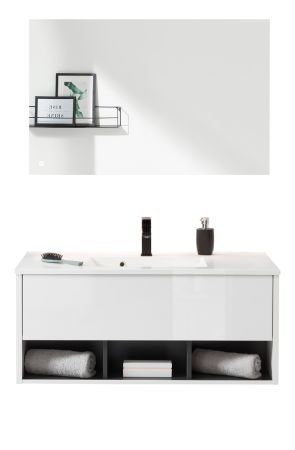 Badmbel Set Glide in wei Hochglanz und grau mit Waschbecken und LED Beleuchtung 100 x 190 cm