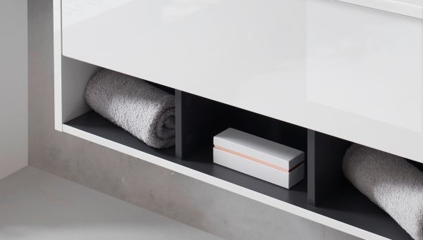 Badmbel Set Glide in wei Hochglanz und grau mit Waschbecken und LED Beleuchtung 100 x 190 cm
