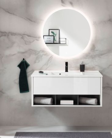 Badmbel Set Glide in wei Hochglanz und grau mit Waschbecken und LED Beleuchtung 100 x 190 cm