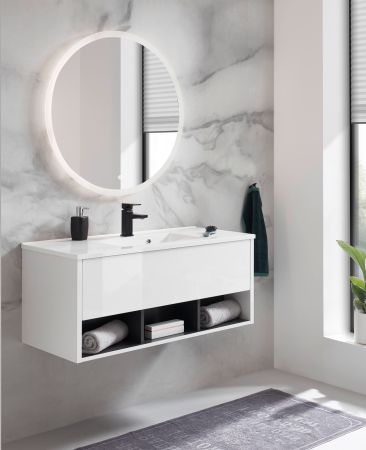 Badmbel Set Glide in wei Hochglanz und grau mit Waschbecken und LED Beleuchtung 100 x 190 cm