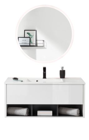 Badmbel Set Glide in wei Hochglanz und grau mit Waschbecken und LED Beleuchtung 100 x 190 cm