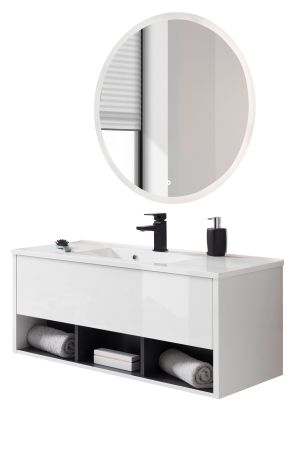 Badmbel Set Glide in wei Hochglanz und grau mit Waschbecken und LED Beleuchtung 100 x 190 cm