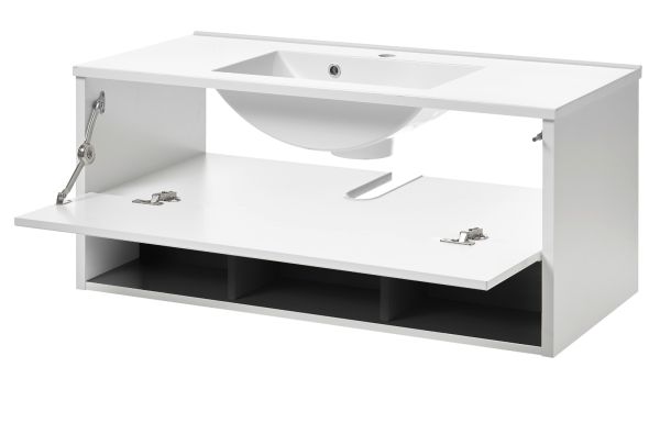 Badmbel Set Glide in wei Hochglanz und grau mit Waschbecken und LED Beleuchtung 100 x 190 cm