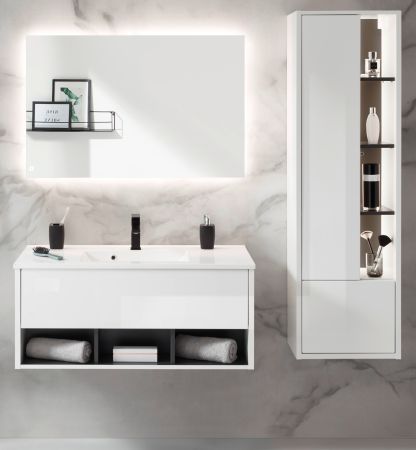 Badmbel Set Glide in wei Hochglanz und grau mit Waschbecken und LED Beleuchtung 155 x 190 cm