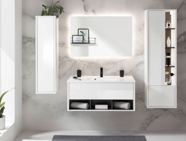 Badmbel Set Glide in wei Hochglanz und grau mit Waschbecken und LED Beleuchtung 195 x 190 cm