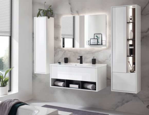 Badmbel Set Glide in wei Hochglanz und grau mit Waschbecken und LED Beleuchtung 195 x 190 cm