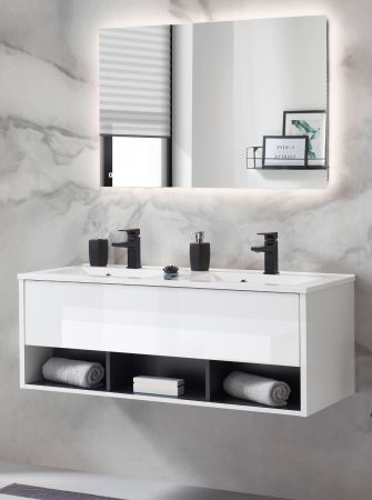 Badmbel Set Glide in wei Hochglanz und grau mit Doppelwaschbecken und LED Beleuchtung 120 x 190 cm