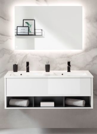 Badmbel Set Glide in wei Hochglanz und grau mit Doppelwaschbecken und LED Beleuchtung 120 x 190 cm