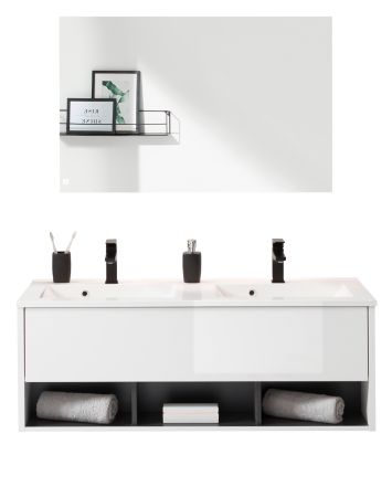 Badmbel Set Glide in wei Hochglanz und grau mit Doppelwaschbecken und LED Beleuchtung 120 x 190 cm