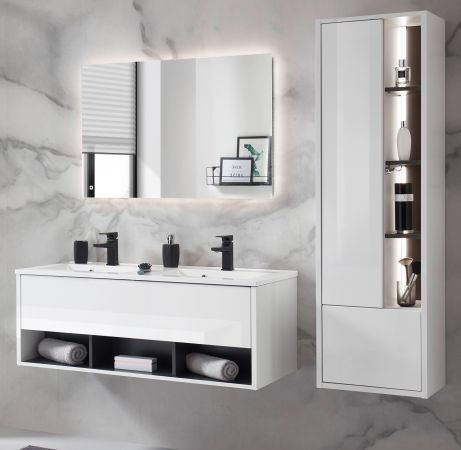 Badmbel Set Glide in wei Hochglanz und grau mit Doppelwaschbecken und LED Beleuchtung 175 x 190 cm