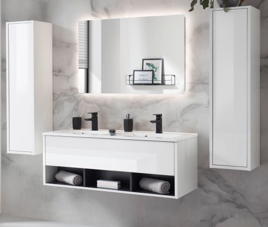 Badmbel Set Glide in wei Hochglanz und grau mit Doppelwaschbecken und LED Beleuchtung 200 x 190 cm