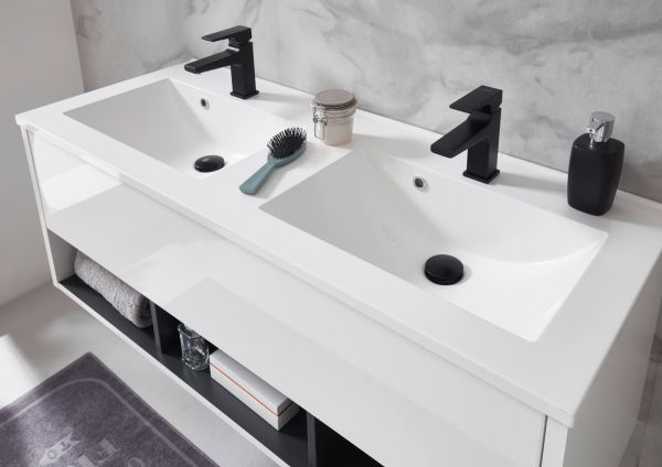 Badmbel Set Glide in wei Hochglanz und grau mit Doppelwaschbecken und LED Beleuchtung 200 x 190 cm