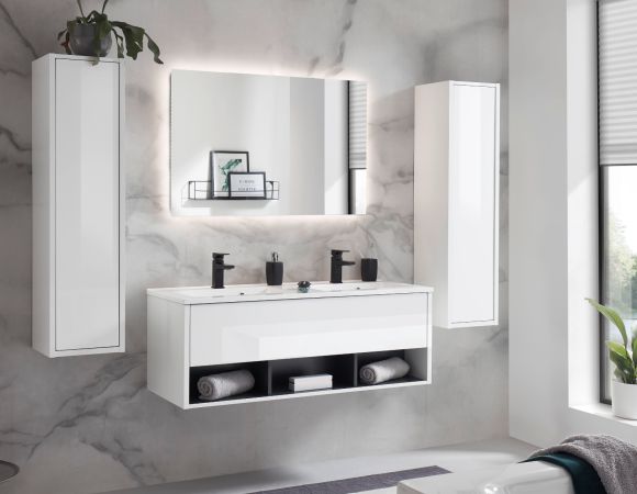 Badmbel Set Glide in wei Hochglanz und grau mit Doppelwaschbecken und LED Beleuchtung 200 x 190 cm