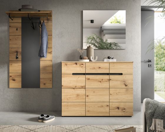 Garderobe Set 3-teilig Cooper in Artisan Eiche und grau 215 cm, Soft-Close