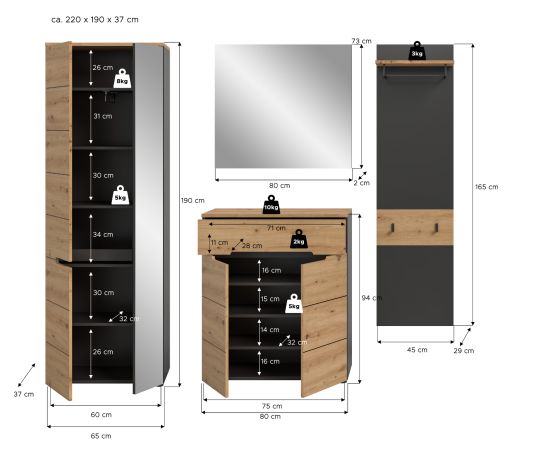 Garderobe Set 4-teilig Cooper in Artisan Eiche und grau 220 cm, Soft-Close