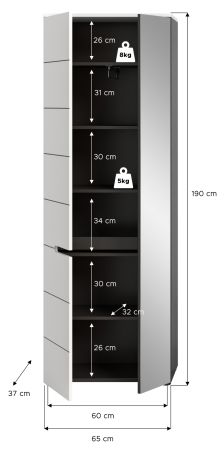 Garderobenschrank Cooper in wei und grau 65 x 190 cm mit variabler Inneneinteilung, Soft-Close
