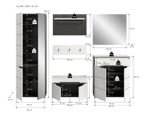 Garderobe Set 6-teilig Cooper in wei und grau 255 cm, Soft-Close