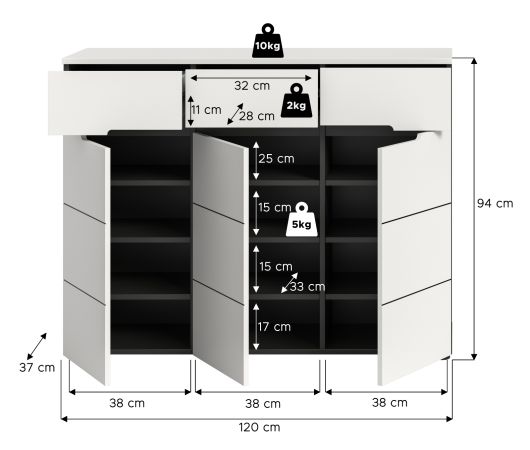 Schuhkommode Cooper in wei und grau Flurkommode 120 x 94 cm, Soft-Close