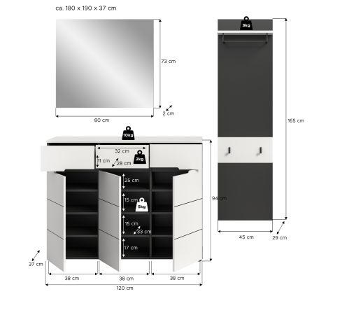 Garderobe Set 3-teilig Cooper in wei und grau 180 cm, Soft-Close