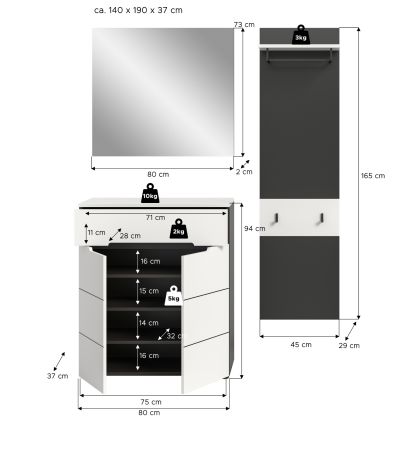 Garderobe Set 3-teilig Cooper in wei und grau 140 cm, Soft-Close