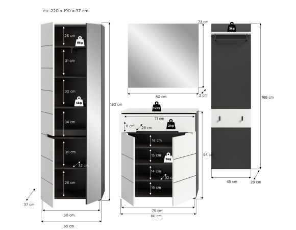 Garderobe Set 4-teilig Cooper in wei und grau 220 cm, Soft-Close