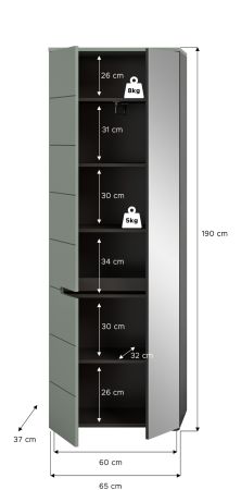 Garderobenschrank Cooper in salbei und grau 65 x 190 cm mit variabler Inneneinteilung, Soft-Close