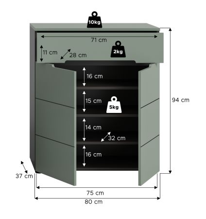 Schuhkommode Cooper in salbei und grau Flurkommode 80 x 94 cm, Soft-Close
