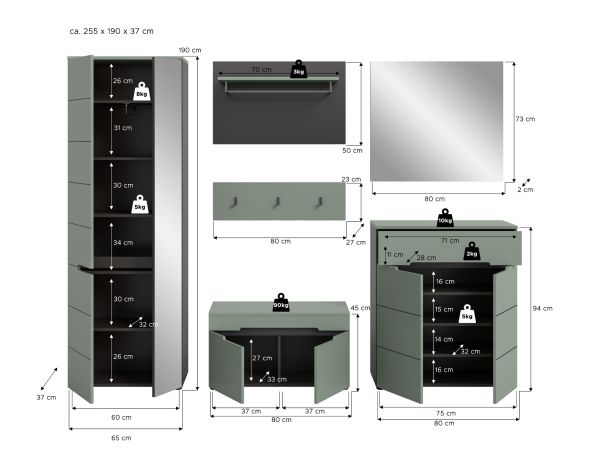 Garderobe Set 6-teilig Cooper in salbei und grau 255 cm, Soft-Close
