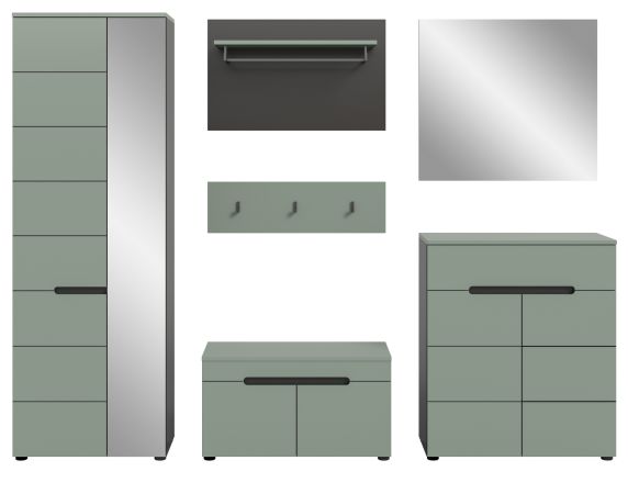 Garderobe Set 6-teilig Cooper in salbei und grau 255 cm, Soft-Close