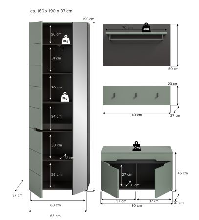 Garderobe Set 4-teilig Cooper in salbei und grau 160 cm, Soft-Close