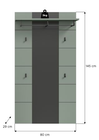 Garderobenpaneel Cooper in salbei und grau Wandgarderobe 80 x 141 cm
