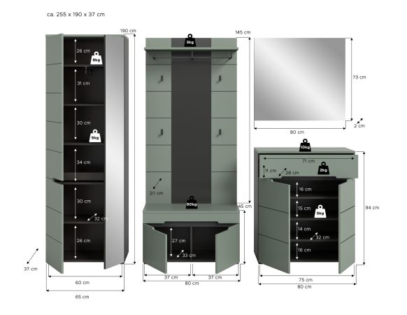 Garderobe Set 5-teilig Cooper in salbei und grau 255 cm, Soft-Close
