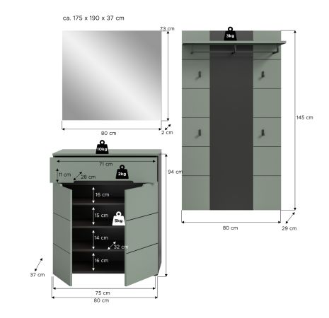 Garderobe Set 3-teilig Cooper in salbei und grau 175 cm, Soft-Close