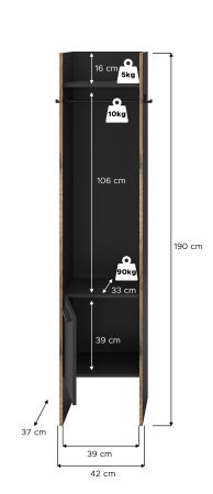 Garderobe Salud in grau und Nox Eiche Kompaktgarderobe 42 x 189 cm