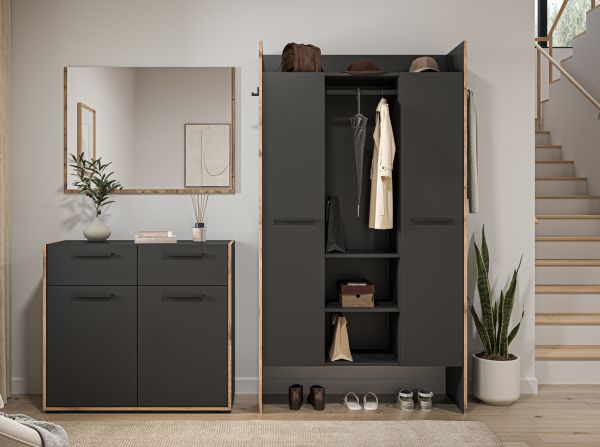 Schuhschrank Salud in grau und Nox Eiche Flur Kommode 95 x 86 cm