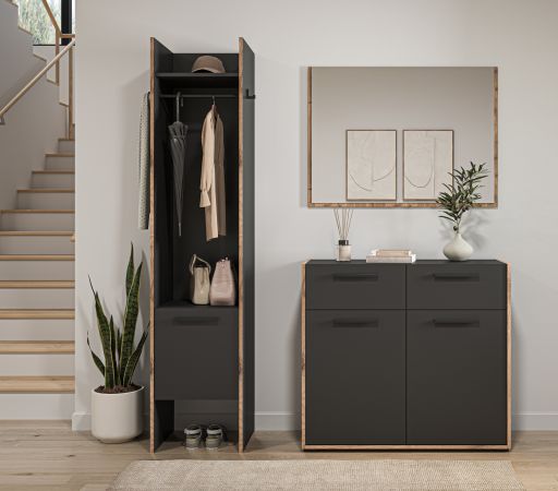 Garderobe Set 3-teilig Salud in grau und Nox Eiche Garderobenkombination 152 x 189 cm