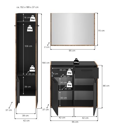 Garderobe Set 3-teilig Salud in grau und Nox Eiche Garderobenkombination 152 x 189 cm
