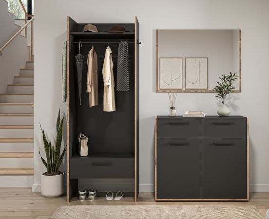 Garderobe Set 3-teilig Salud in grau und Nox Eiche Garderobenkombination 180 x 189 cm